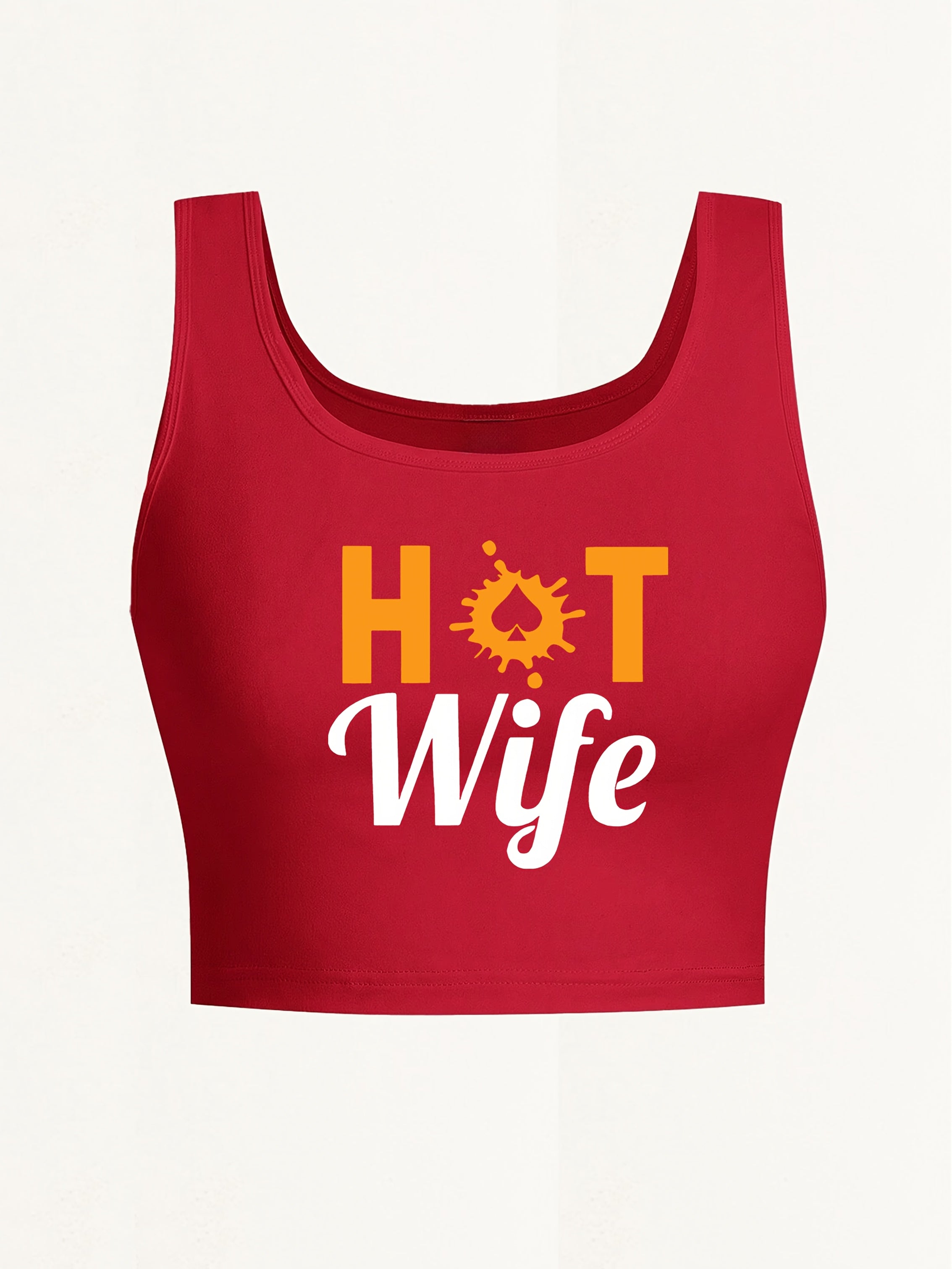 Women's "Hot Wife" Graphic Print Sleeveless Tank Top - Vibrant Red with Yellow Splash Design, Seamless Round Neck, Lightweight Breathable Fabric for Yoga & Casual Wear, Machine Washable Spring Summer Fall Top, Ladies Tank Top
